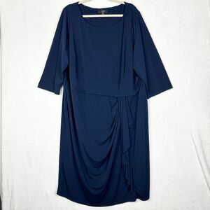 Joanna Hope Midi Dress Size 26 Ruched Faux Wrap Navy Blue Stretch Jersey